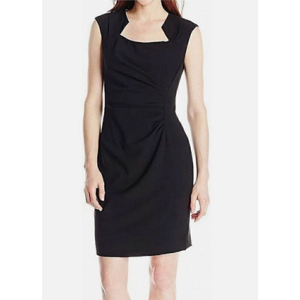 Calvin Klein Side Ruched Cap Sleeve Classic Black Mini Sheath Dress